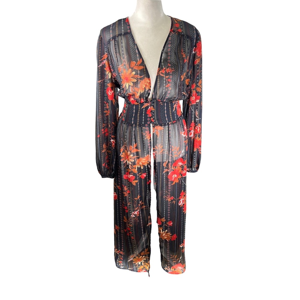 Xhilaration Womens Red Floral Navy Sheer Mesh Duster Cardigan Coverup Size M